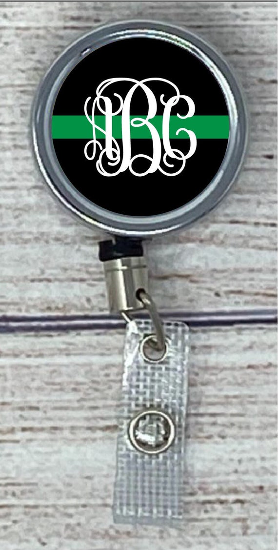 Thin Green Line Monogram Retractable Badge Holder Etsy