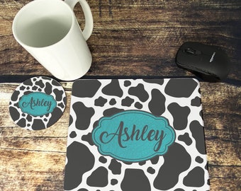 Personalized Mouse Pad And Coaster Set, Cow Print Mouse Pad And Coaster Set, Desk Set, Desk Decoration, Teacher Gift, mp82