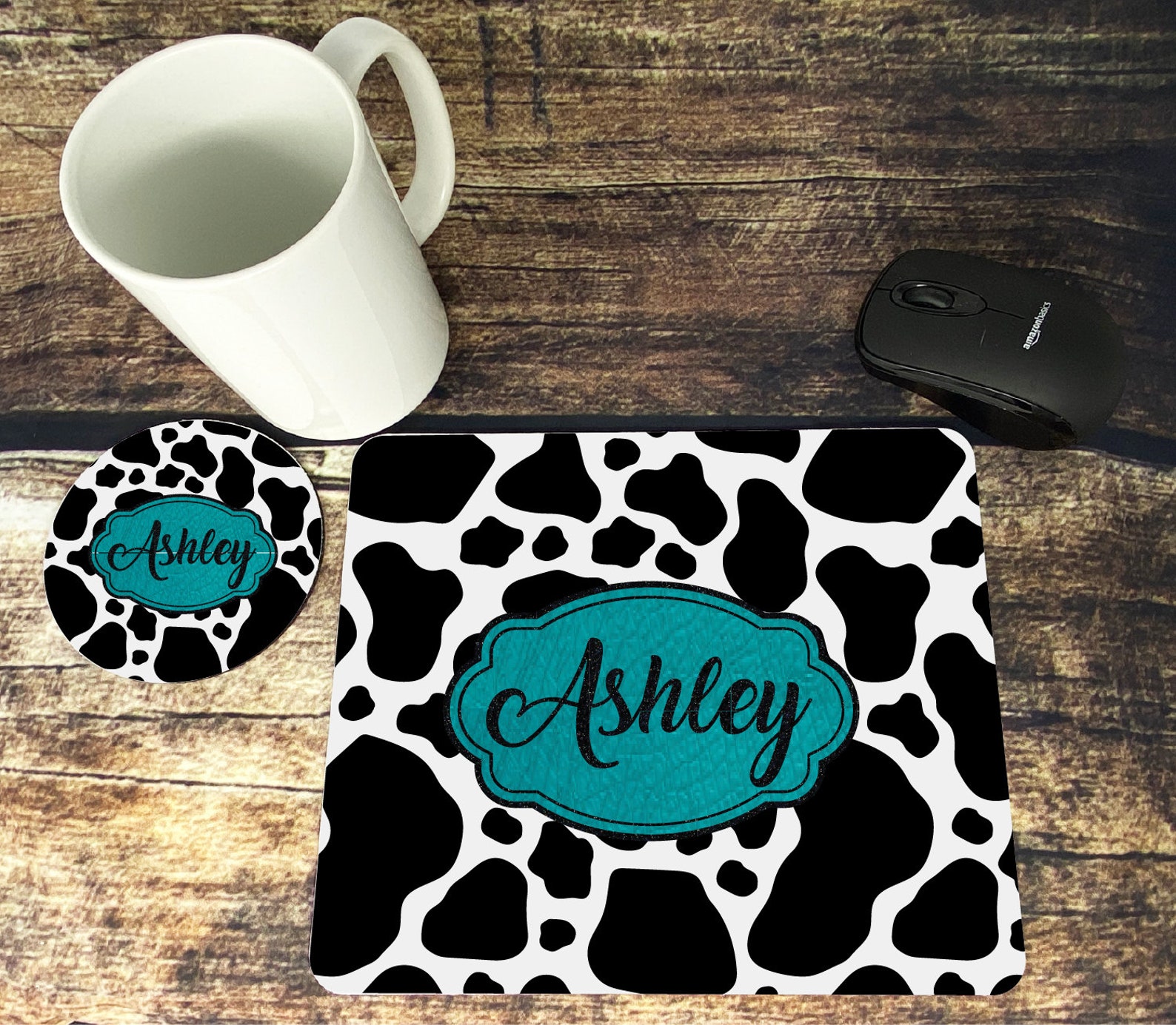 Personalized Mouse Pad And Coaster Set Cow Print Mouse Pad Etsy