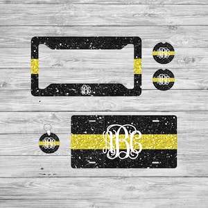 Glitter Dispatch Monogram License Plate, Thin Yellow Line Personalized License Plate, Custom License Plate, Custom Monogram Car Tag, 708