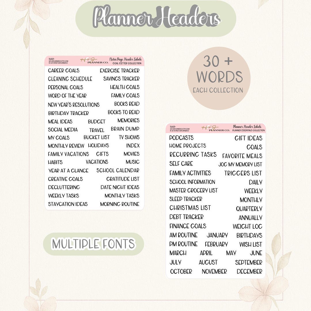 Pretty Planner Header Custom Planner Header Stickers | Script & Minimal Fonts | Goal Planner ...