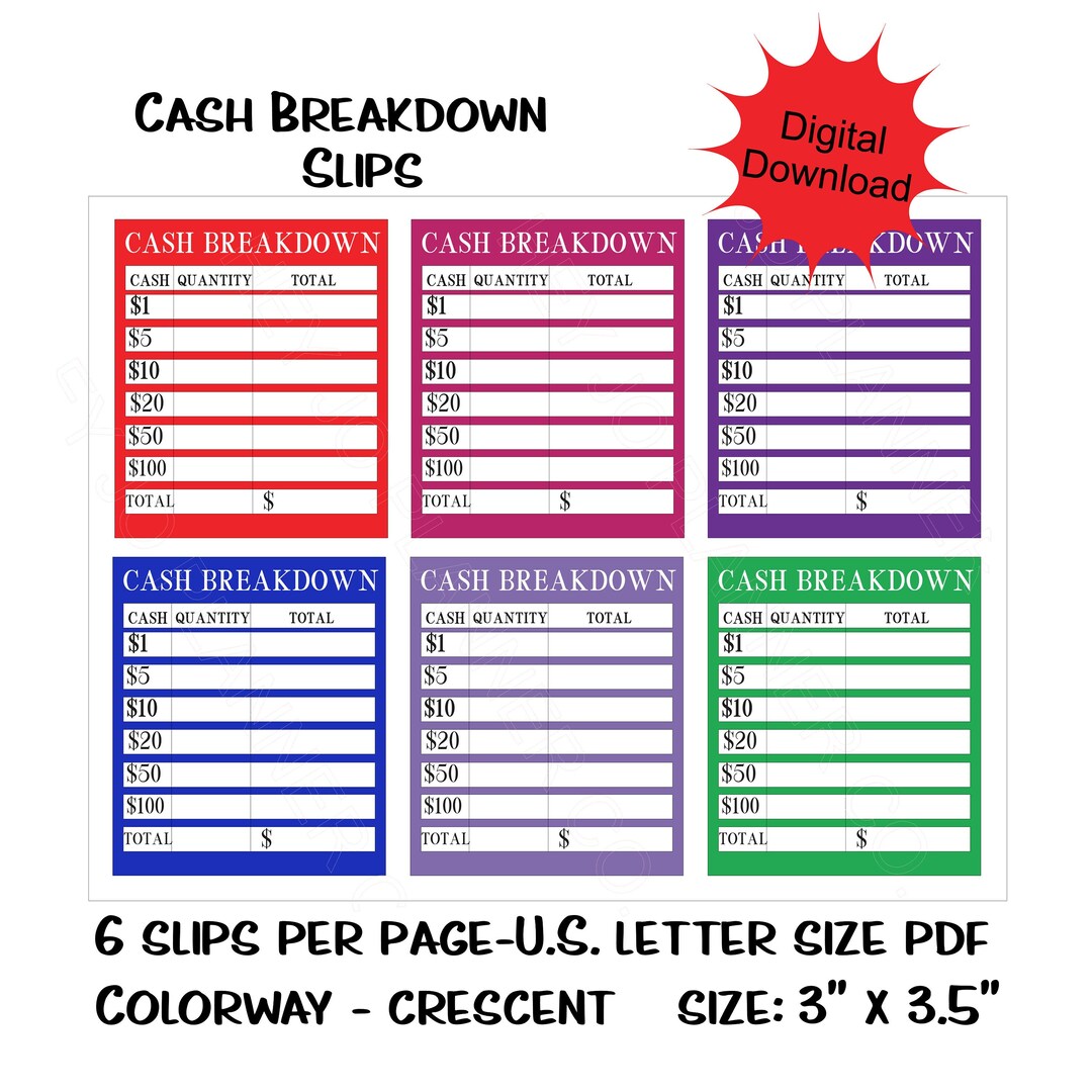 Printable Cash Breakdown Slips, Bank Teller Slips, Budget Accessory Etsy