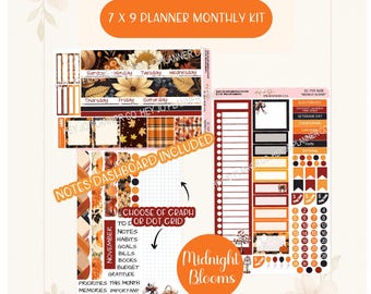 May include: A 7 X 9 planner monthly kit titled Midnight Blooms featuring sticker sheets with autumn-themed designs, including sunflowers, pumpkins, plaid patterns, and fall foliage. The kit includes a notes dashboard, date markers, and checklists.