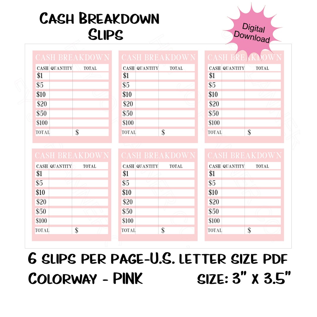 Printable Cash Breakdown Slips Bank Teller Slips Budget Etsy
