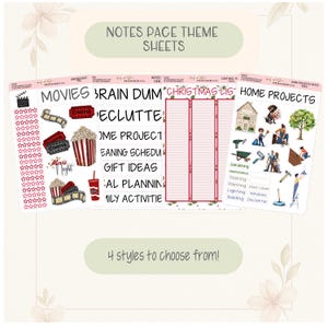 May include: Four planner sheet styles are displayed, each with a different theme. The themes include a movie night, decluttering, a Christmas list, and home projects. The sheets are white with various illustrations and text, such as popcorn, a house, and a Christmas tree.