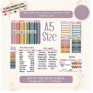 May include: A planner kit for the Erin Condren A5 planner, featuring note page headers, text labels, and deco elements. The kit includes labels for various categories like family activities, home projects, and more. The text "The NEW Erin Condren Colorway 'Toile' NOW IN A5 !!!" is visible.