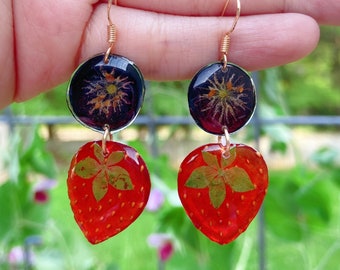 Real Strawberry Blueberry Resin Earrings, 18k Gold Plated Hook