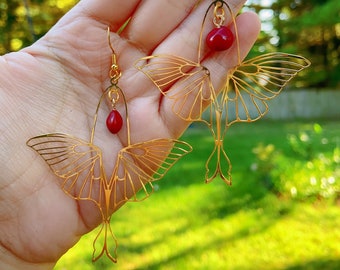 Real red bean moth earrings, Hypoallergenic earrings, Crescent moon, Moth earrings