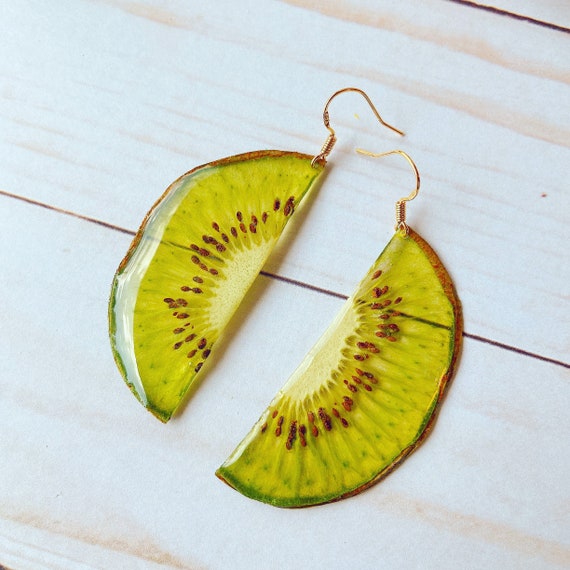 Dried Kiwi Handmade Resin Earrings, Botanical Earrings, Real Kiwi