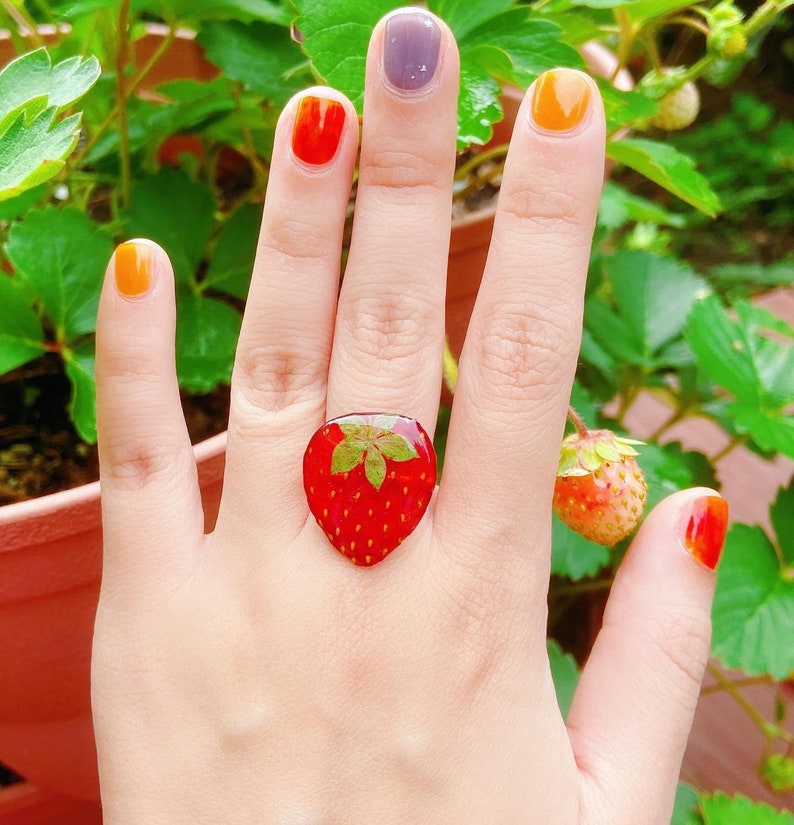 Dried strawberry handmade resin earrings, Botanical earrings, Real strawberry adjustable ring, Real strawberry necklace, Hypoallergenic image 5