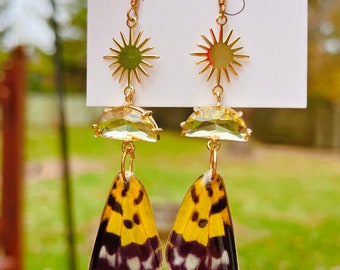 Real yellow butterfly wing crystal earrings, Hypoallergenic earrings