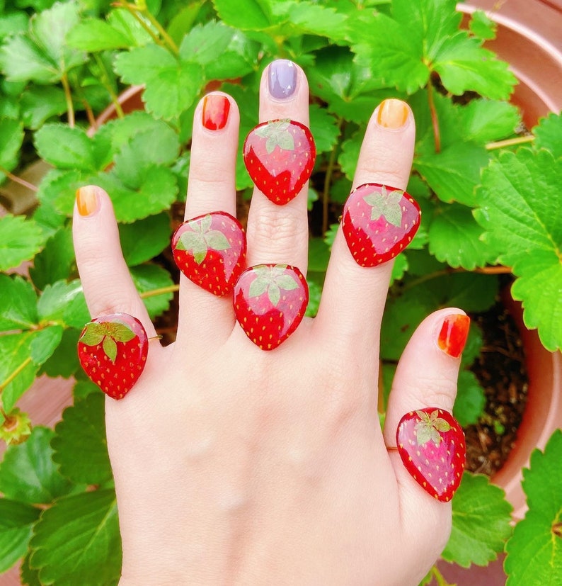 Dried strawberry handmade resin earrings, Botanical earrings, Real strawberry adjustable ring, Real strawberry necklace, Hypoallergenic image 1