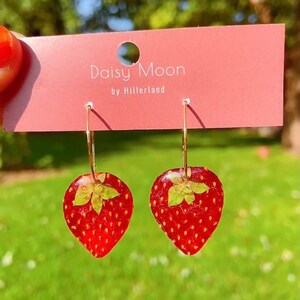 Dried strawberry handmade resin earrings, Botanical earrings, Real strawberry adjustable ring, Real strawberry necklace, Hypoallergenic image 4