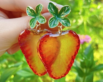 Handmade Dried Strawberry Resin Earrings, 18k Gold Plated Stainless Steel, Botanical Jewelry