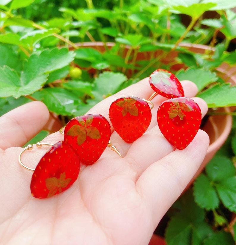 Dried strawberry handmade resin earrings, Botanical earrings, Real strawberry adjustable ring, Real strawberry necklace, Hypoallergenic image 7