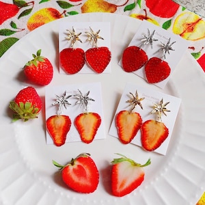 Handgemaakte oorbellen van gedroogde aardbeien, oorbellen van echte aardbeien, botanische oorbellen, oorbellen van echt fruit, 925 sterlingzilveren oorbellen