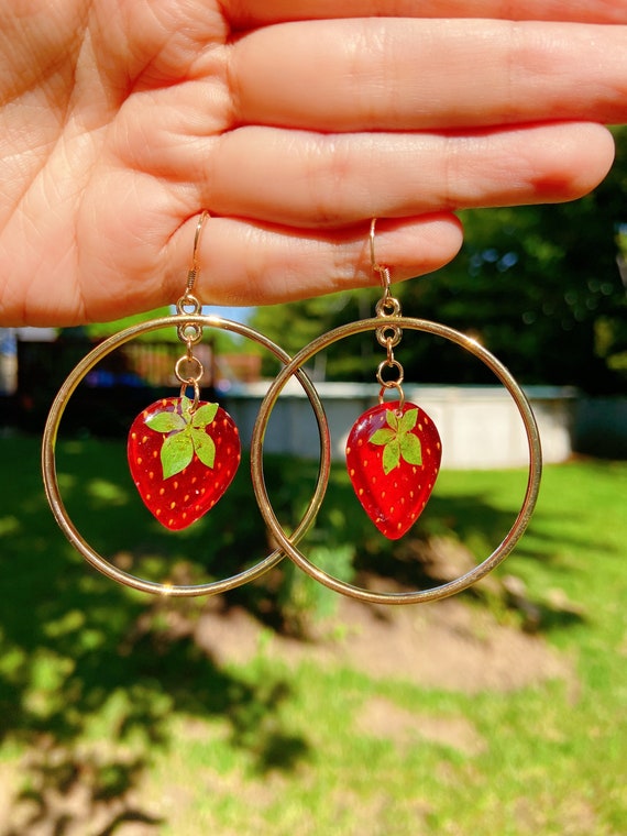 Real Strawberry Hoop Earrings, Dried Strawberry Handmade Resin