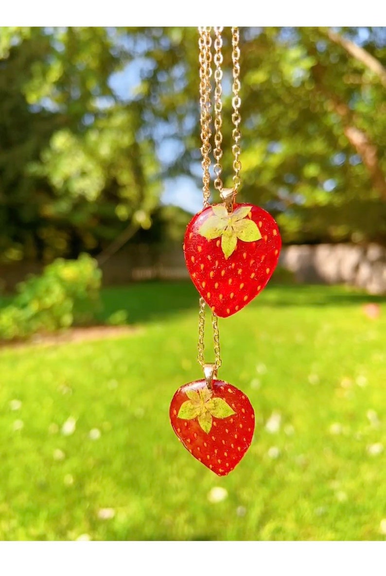 Dried strawberry handmade resin earrings, Botanical earrings, Real strawberry adjustable ring, Real strawberry necklace, Hypoallergenic image 6