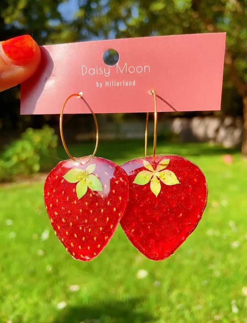 Dried strawberry handmade resin earrings, Botanical earrings, Real strawberry adjustable ring, Real strawberry necklace, Hypoallergenic image 3