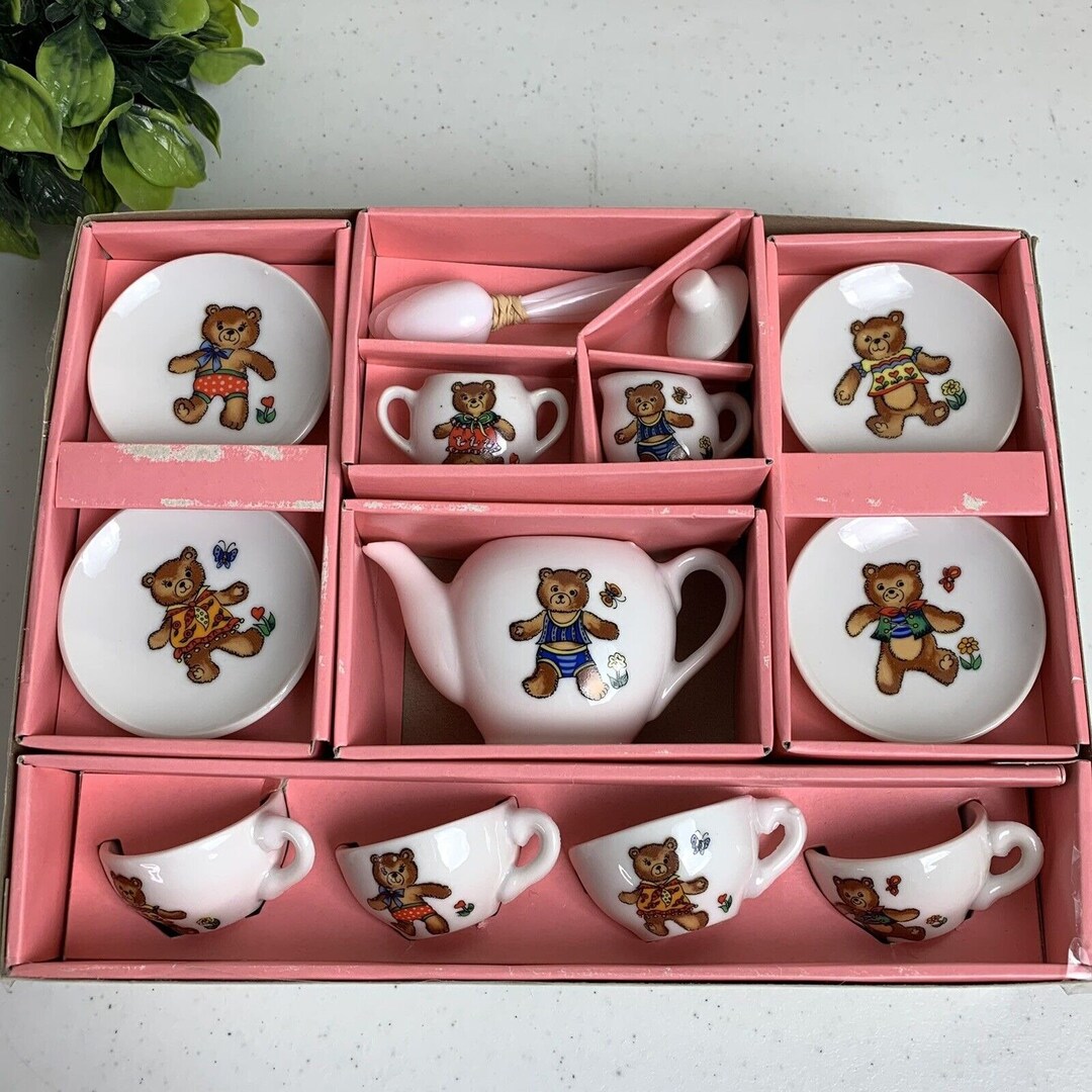 Vintage Miniature Toy Tea Set Teddy Bear Teapot Cup Saucers Etsy