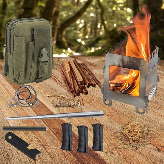 Wood Burning Stove Fatwood Molle Bag Ferro Rod Charcloth Survival Emergency