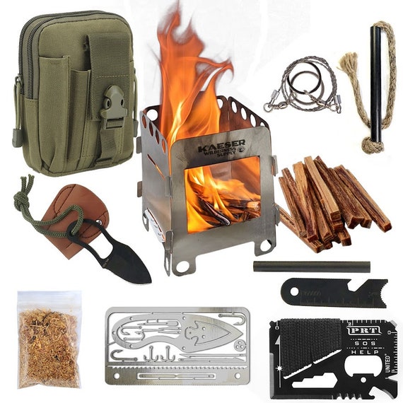 Backpacking Wood Burning Camp Stove Fatwood Ferro Rod Knife Survival Emergency