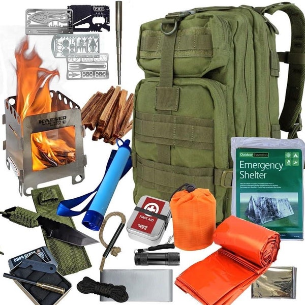 Go Bag Kit Survival Emergency Bushcraft Water Filter Ferro Rod Tinder Wick Sleeping Bag Charcloth Compact Wood Burning Stove