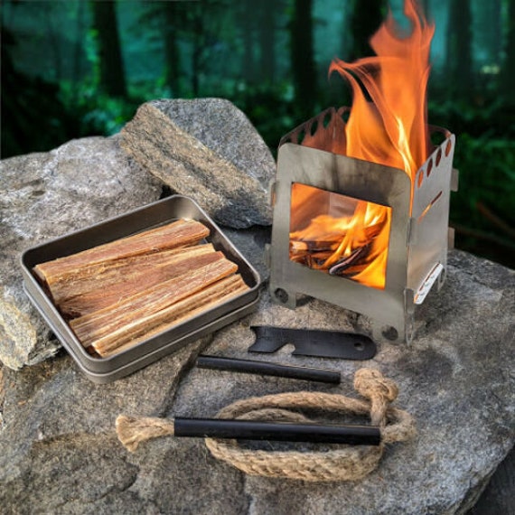 Wood Burning Folding Stove Lightweight Fatwood Tin Tinder Wick Camping Survival