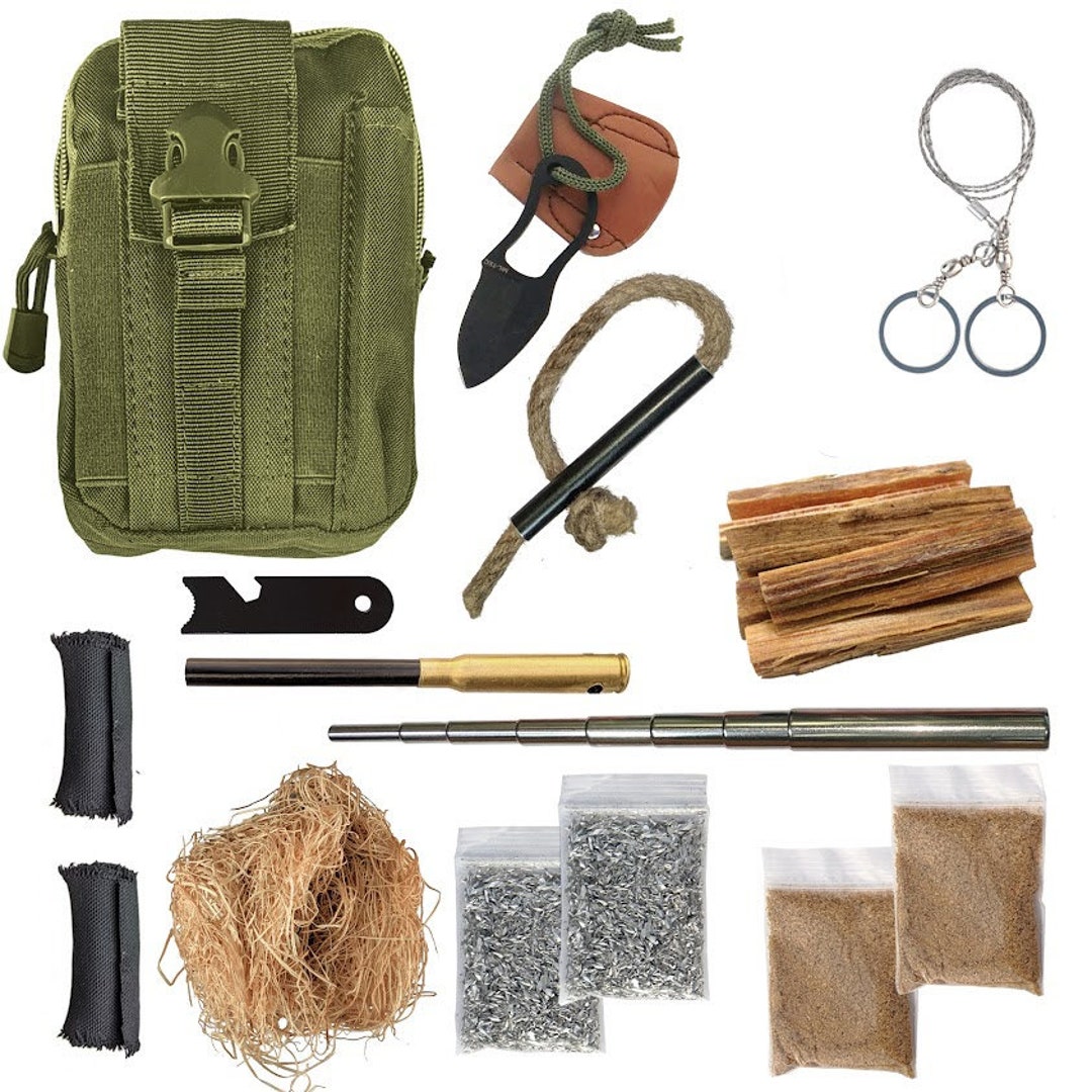 Texas Bushcraft Fire Starter Survival Kit Leather Tinder Pouch Ferro Rod X-Large (8-9 Wrist) / Army Green