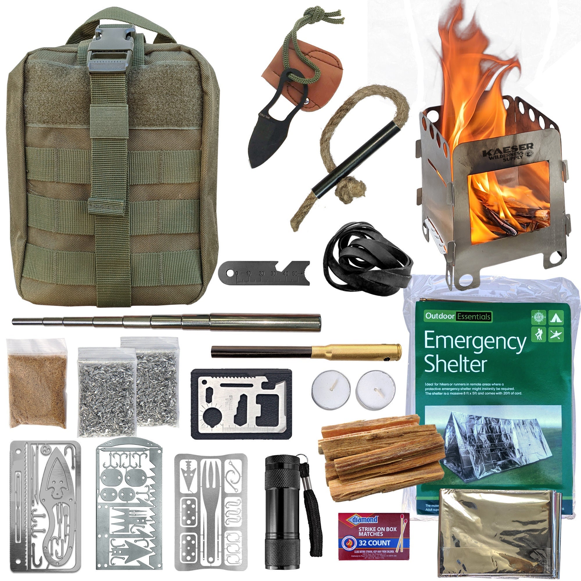 Survival Pack Ready To Go Everything You Need Fatwood Stove Ferro Rod Knife  Tinder Wick Tent Blanket
