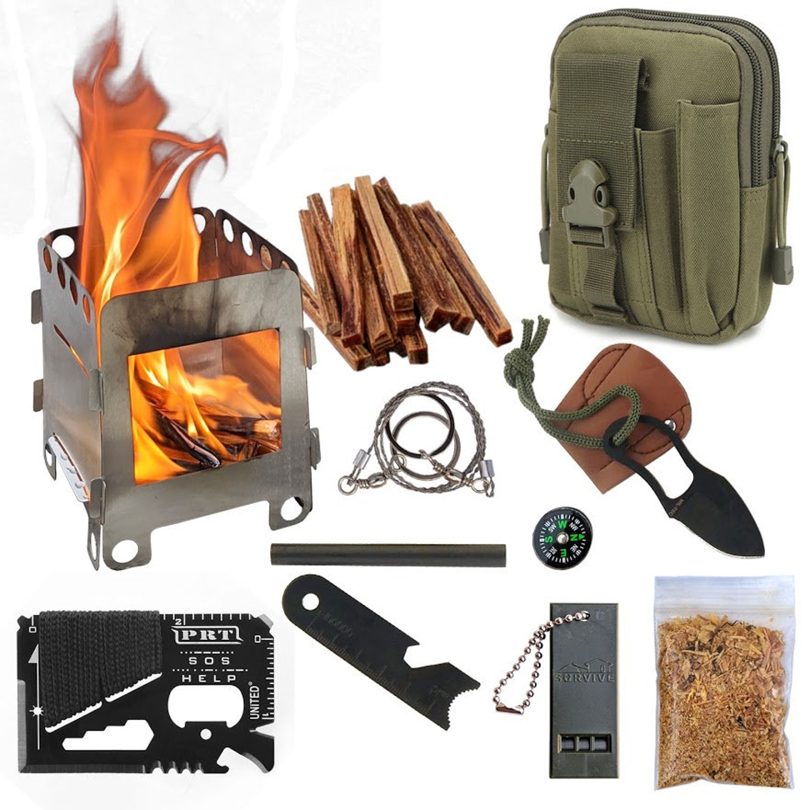 Wood Burning Stove Fatwood Ferro Rod Whistle Compass Knife Etsy