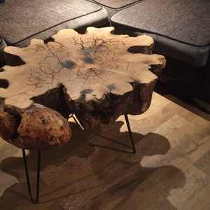 Unique rare cut of English teak hardwood handmade Coffee/end table featuring burr on one side.