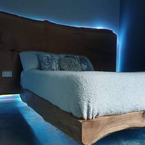 Live Edge Floating bed and headboard with colour changing led light. Bepoke made to order in verious species of hardwoods exotic and English