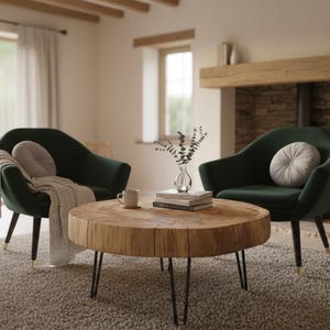 Mesa de centro con borde natural, mesa auxiliar rústica, mesa redonda de haya veteada, mesa de centro de estilo industrial, mesa hecha a mano de estilo escandinavo