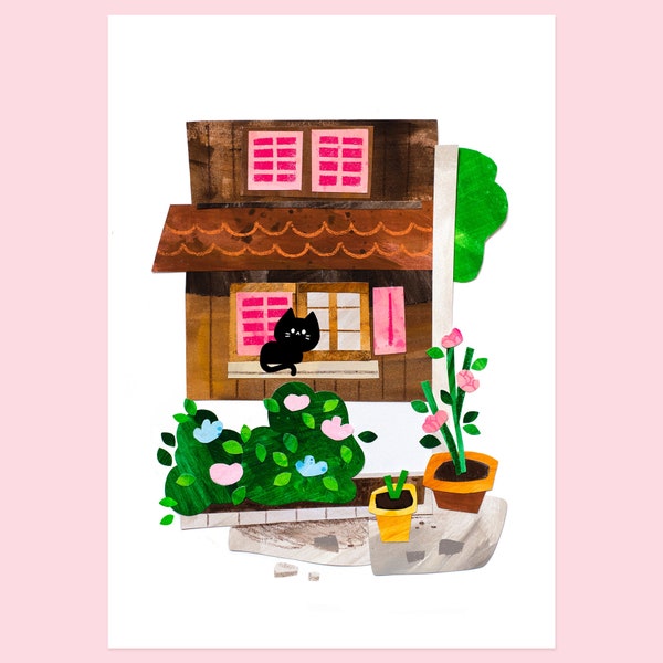 Cat House - Art Print - Paper Collage - Illustration - Helen Bucher