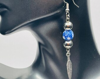 Blue & White Clay Bead Earrings: Silver Leaf Charm