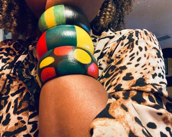 Hand Painted Wood Cuff Bracelet Set: Non-Toxic Jewelry, Size 7-8”