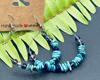 Turquoise Gemstone Hoop Earrings: Crystal Bead Healing Energy