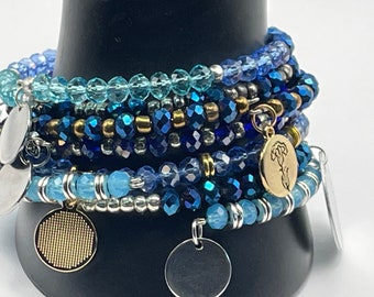 Hand Beaded Blue Bead Bracelets: Stainless Steel Charm  Bracelet