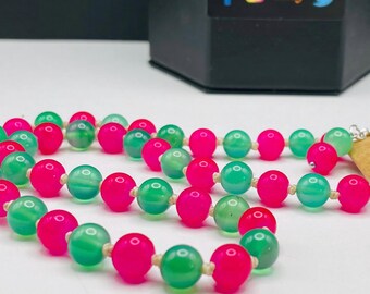 Hand-Knotted Magenta & Green Glass Bead Necklace Set