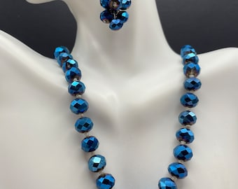 Knotted Sapphire Aurora Bead Necklace Set: Silk Cord, Stainless Steel