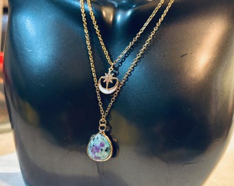 Cubic Zirconia Moon Star Pendant Necklace | Brass, Stainless Steel Chain (18" Long)