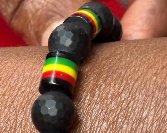 Rasta Bracelet: Black Onyx & Ceramic Adjustable Cord Bracelet