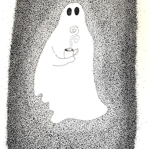 Ghost art, ghost drinking coffee, pen ink drawing, 4 x 6 inch, pointillism