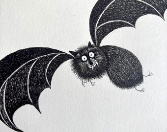 Bat pen and ink drawing, black and white artwork, 6x8 inch