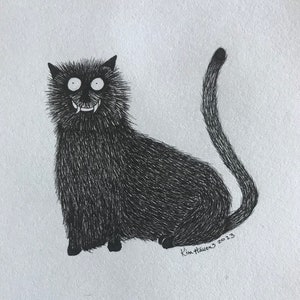 Black Vampire Cat, Made To Order, original pen ink drawing, 2.5 x 3.5 inch art