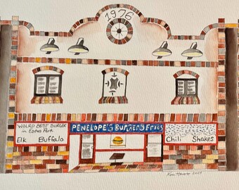 Penelope’s Burgers and Fries, located in Estes Park, Colorado - original watercolor painting 9x12 art