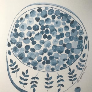 Ciotola di mirtilli, stampa artistica ad acquerello, 7 x 7 pollici