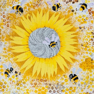 May include: A vibrant painting of a sunflower with yellow petals and a gray center, surrounded by several black and yellow bees with white wings. The background features a honeycomb pattern in shades of yellow and brown.