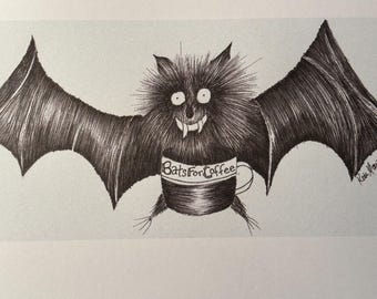 Bats For Coffee, pen ink drawing, art print, 3.5x 7.5 inch